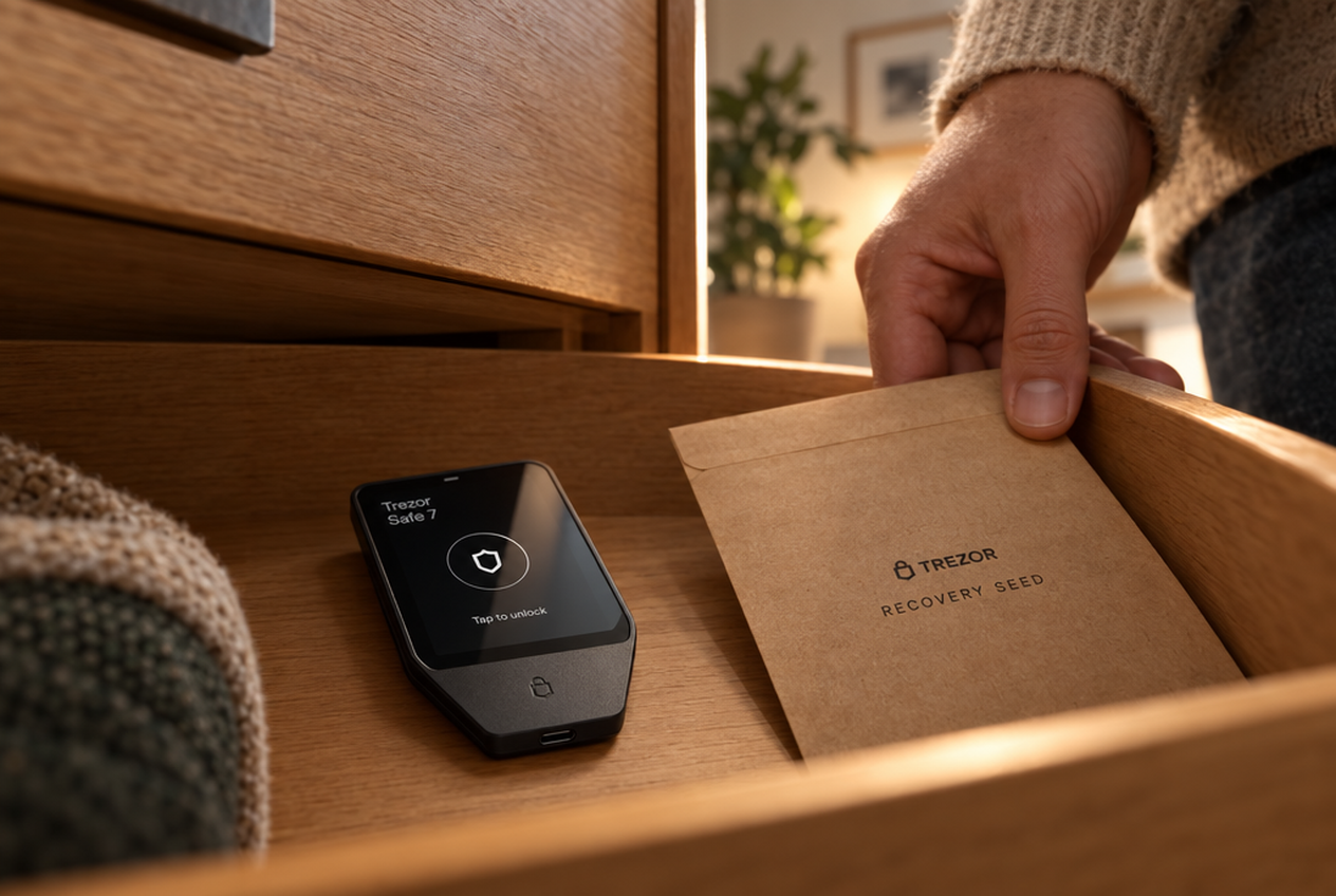 Trezor Safe 7 en recovery-envelop in een open lade