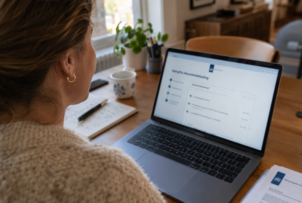 Over de schouder: aangifte op een laptop met groene vinkjes