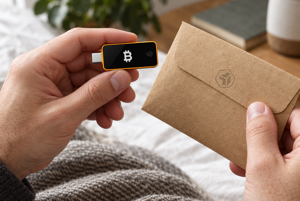 Handen houden een BitBox02 en een kraftenvelop vast