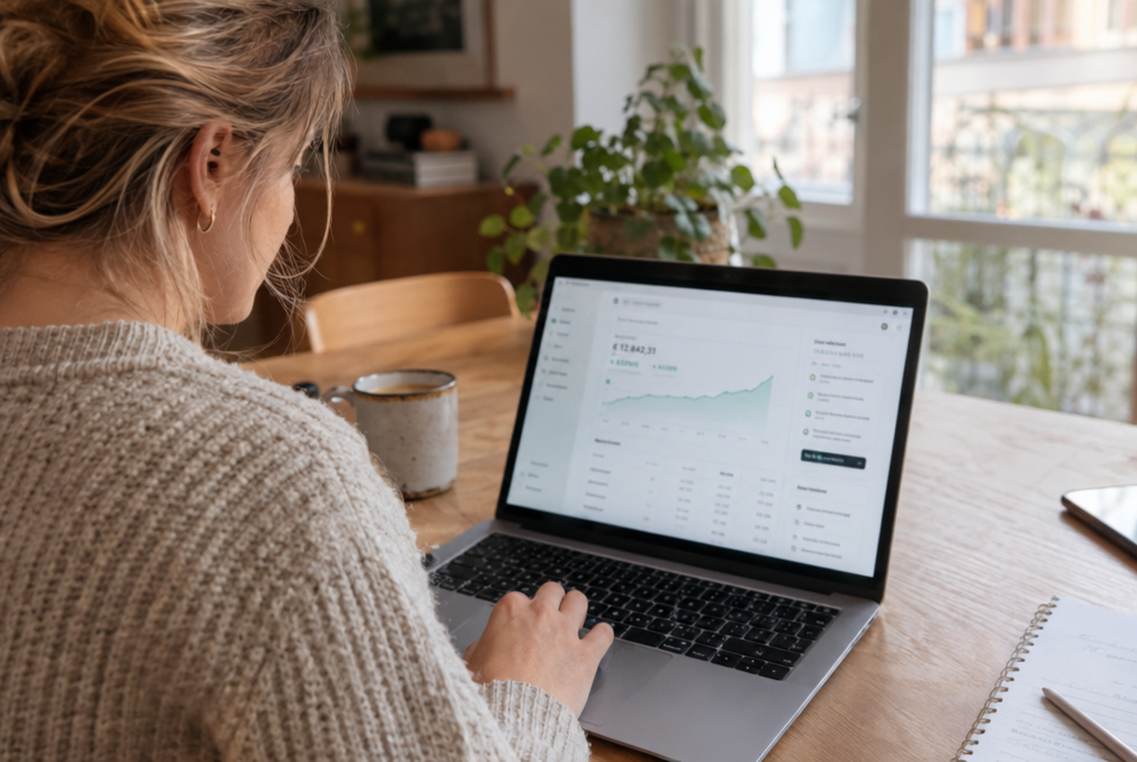 Over de schouder: open laptop met groeigrafiek op het scherm