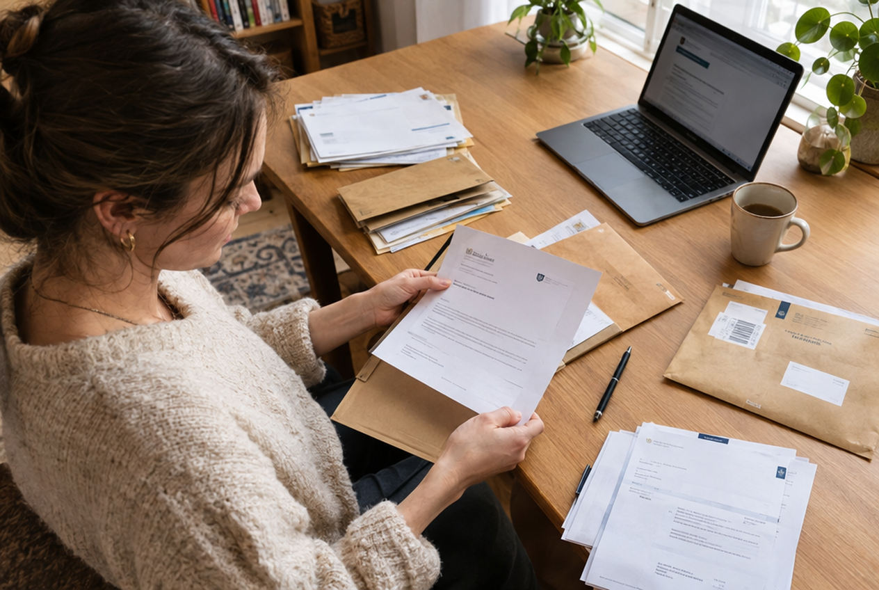 Iemand bekijkt Belastingdienst-post aan een bureau met laptop