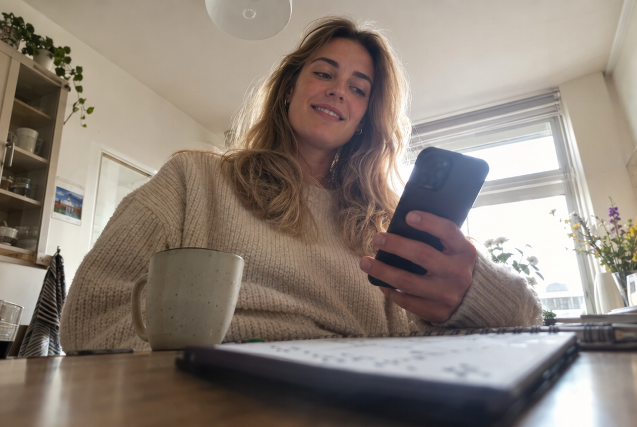 Iemand bekijkt een telefoon aan tafel, vanuit laag standpunt